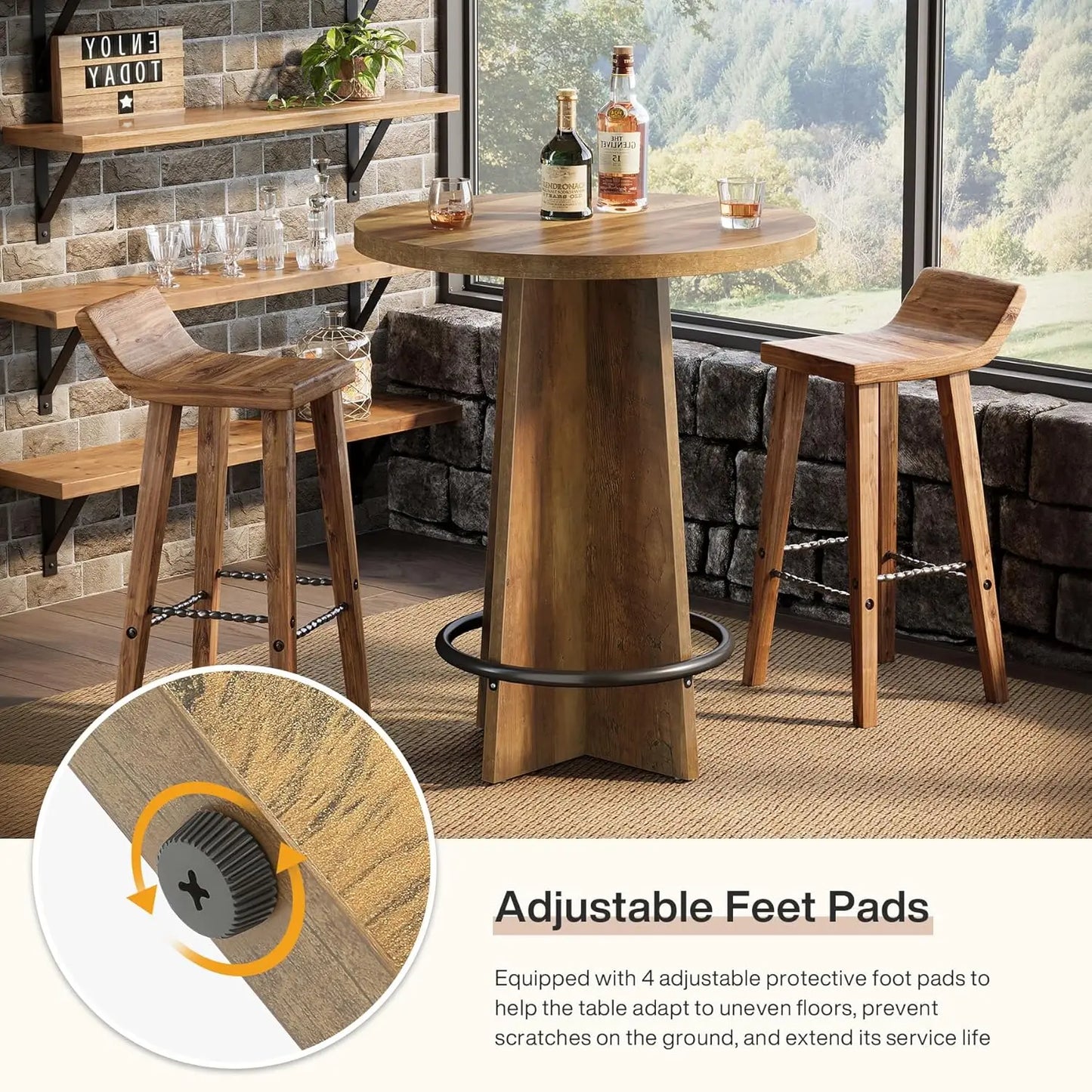 Rustic Round Bar Table Wood Bistro Pub for Small Spaces
