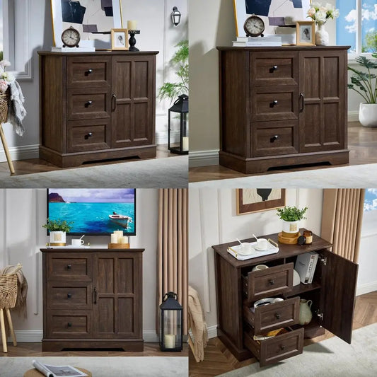 Wood Dresser With Three Plus One Drawers And Cross Door Storage