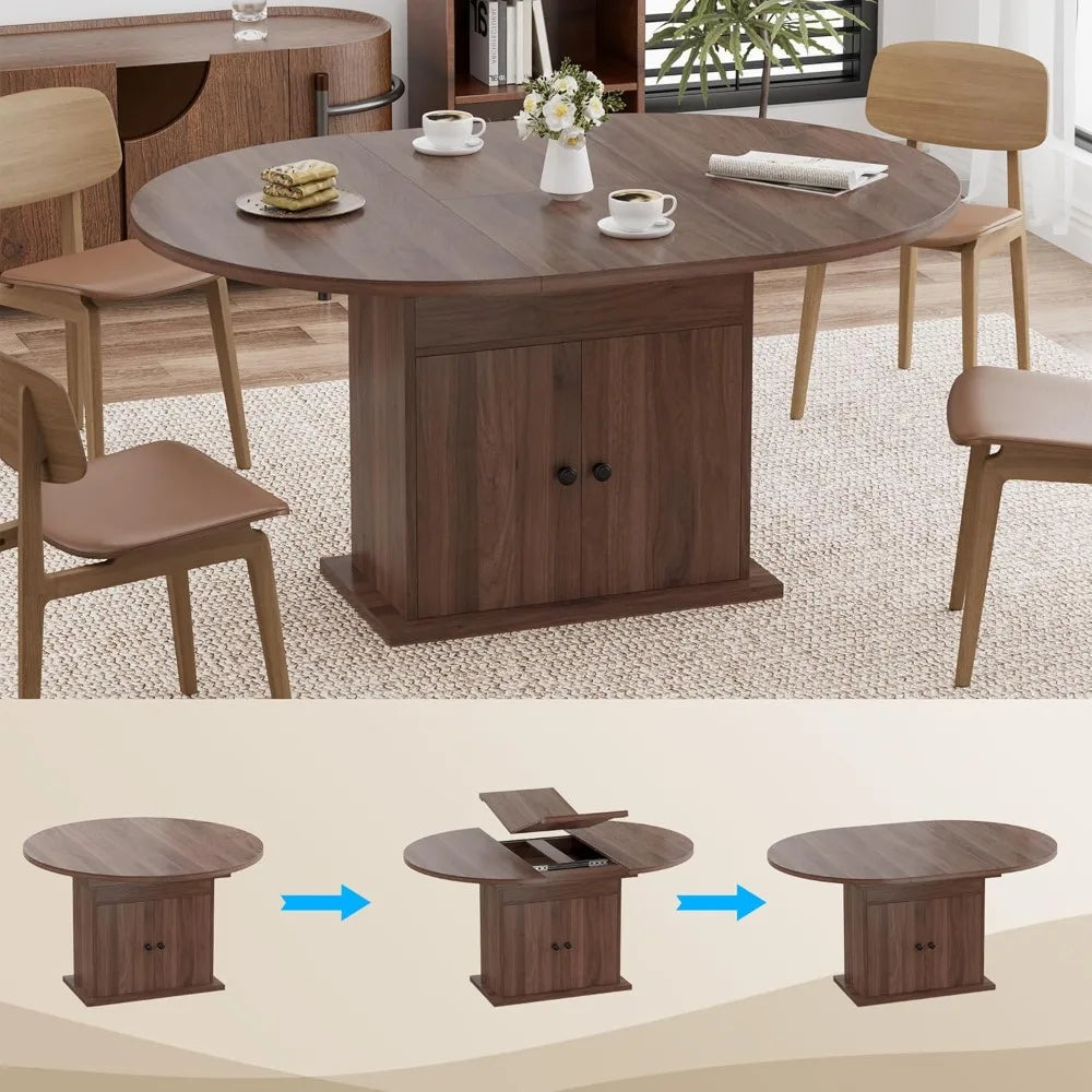Extendable Round Dining Table With Storage Shelf For 4 To 8