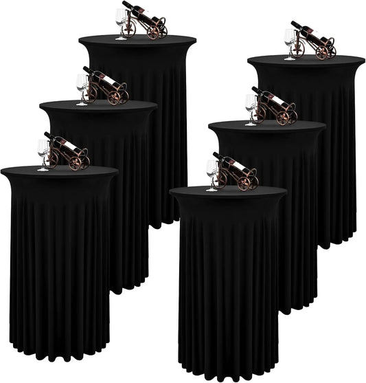 6-Pack Black Spandex Cocktail Table Skirts, 32x43 Inches with Wavy Drapes for Wedding Bar Party