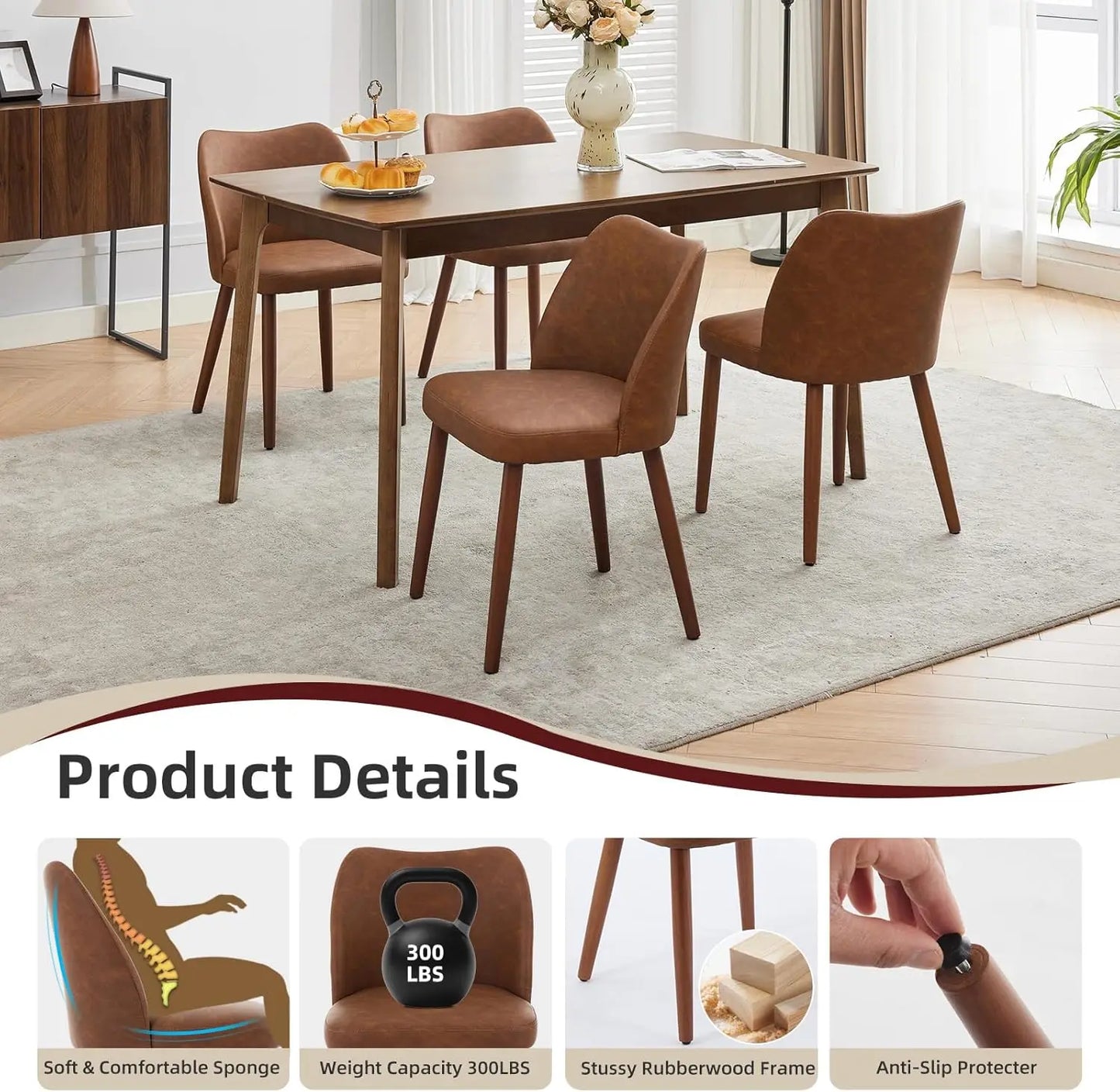 Dining Chair Set of 2, Leather Upholstered Dining Chair with Wood Legs, Wing Backrest, Wooden Kitchen Chair, Kitchen Chairs with