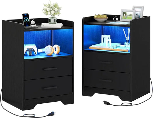 Stand Set of 2 with LED Lights and Charging Station, Modern Bedside End Table with 2 Fabric Storage Drawers, Black Nightstands