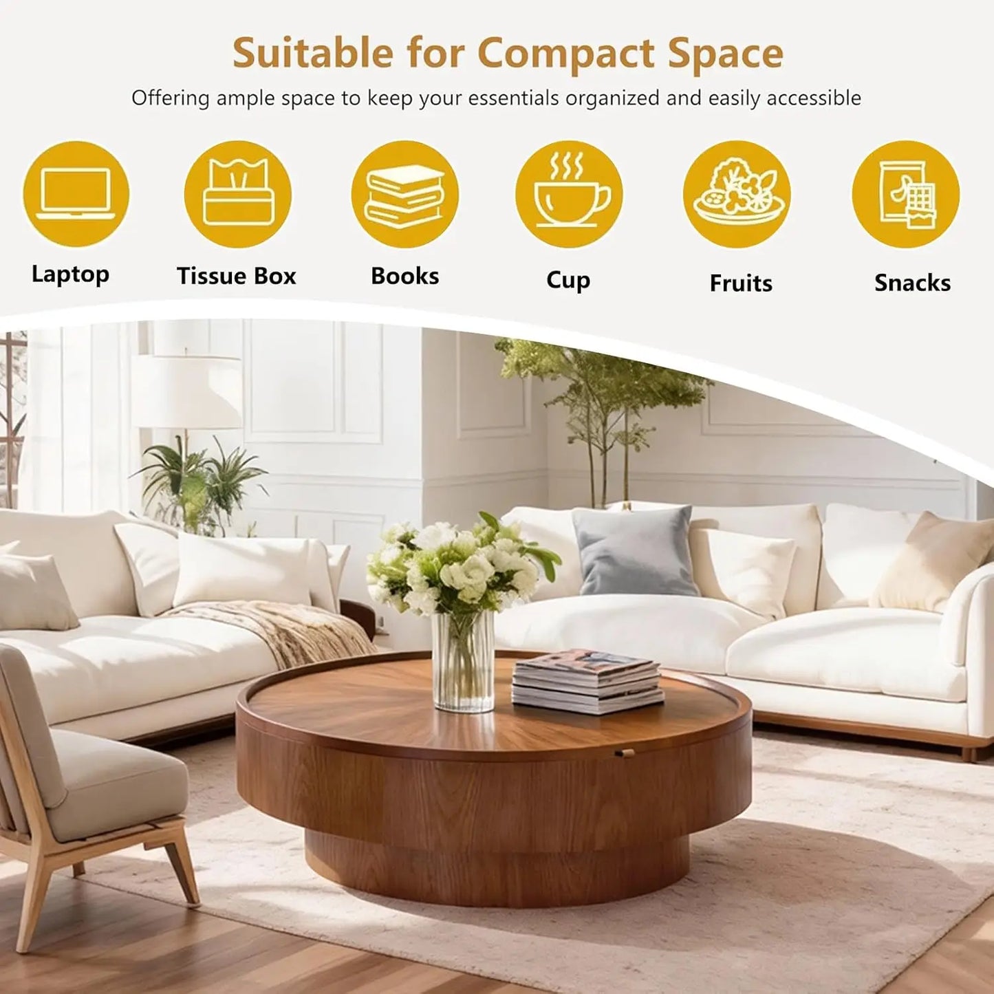 ZHUXIANG Modern Round Drum Coffee Table With Removable Lid