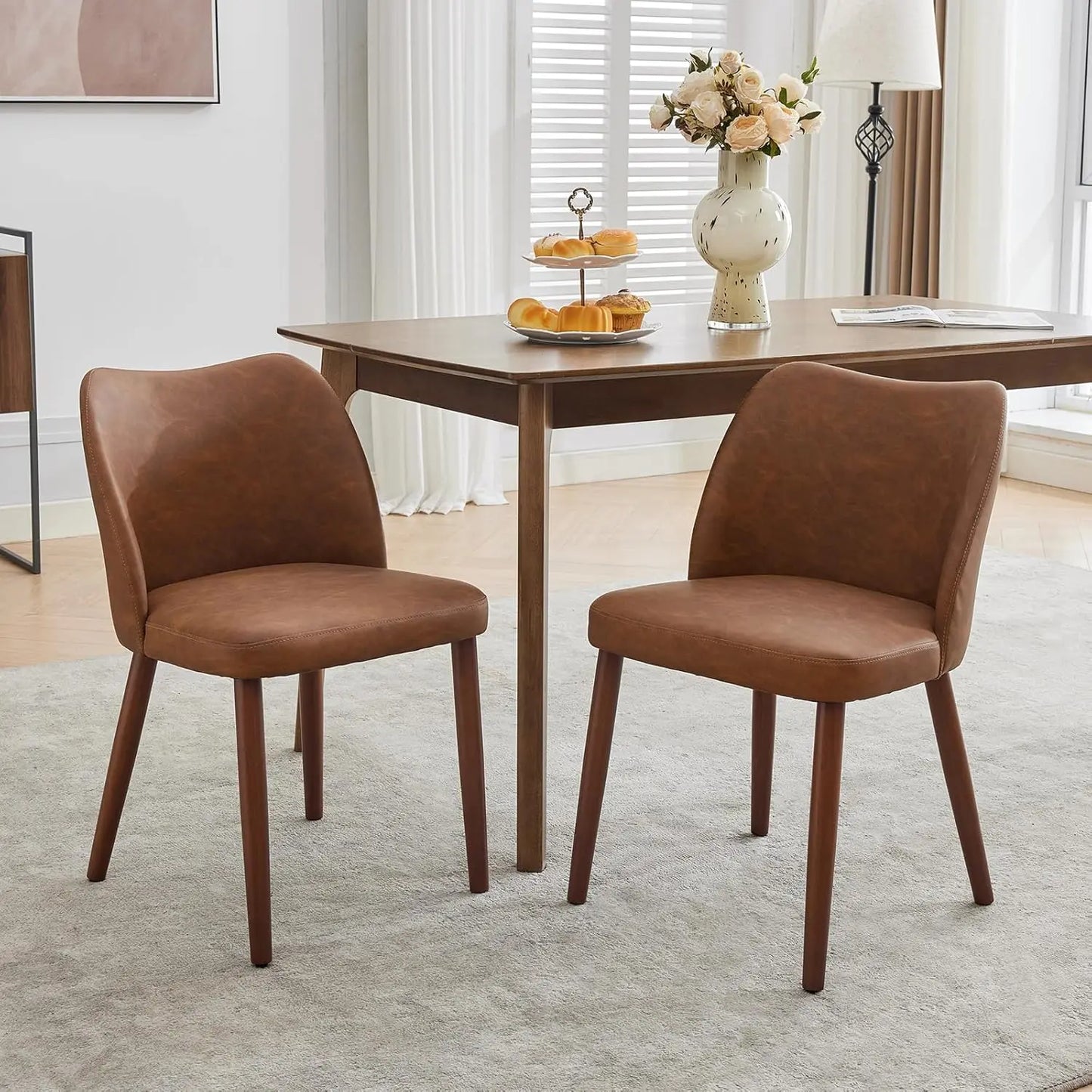 Dining Chair Set of 2, Leather Upholstered Dining Chair with Wood Legs, Wing Backrest, Wooden Kitchen Chair, Kitchen Chairs with