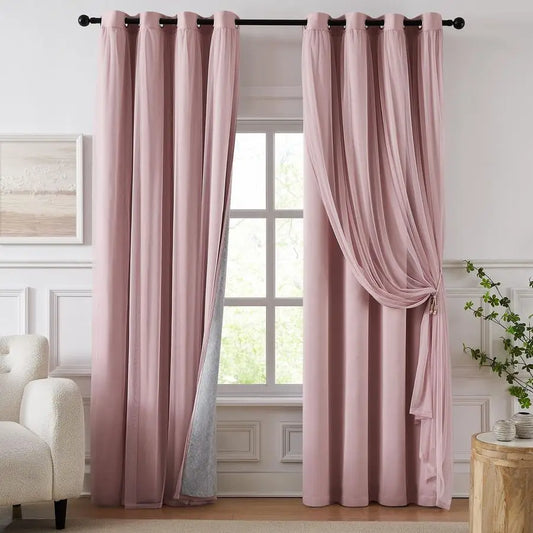 Blackout Curtains for Bedroom, Double Layer Pink Curtains, Black Out Curtain 84 inch Long with Sheer Overlay for Living Room, Ro