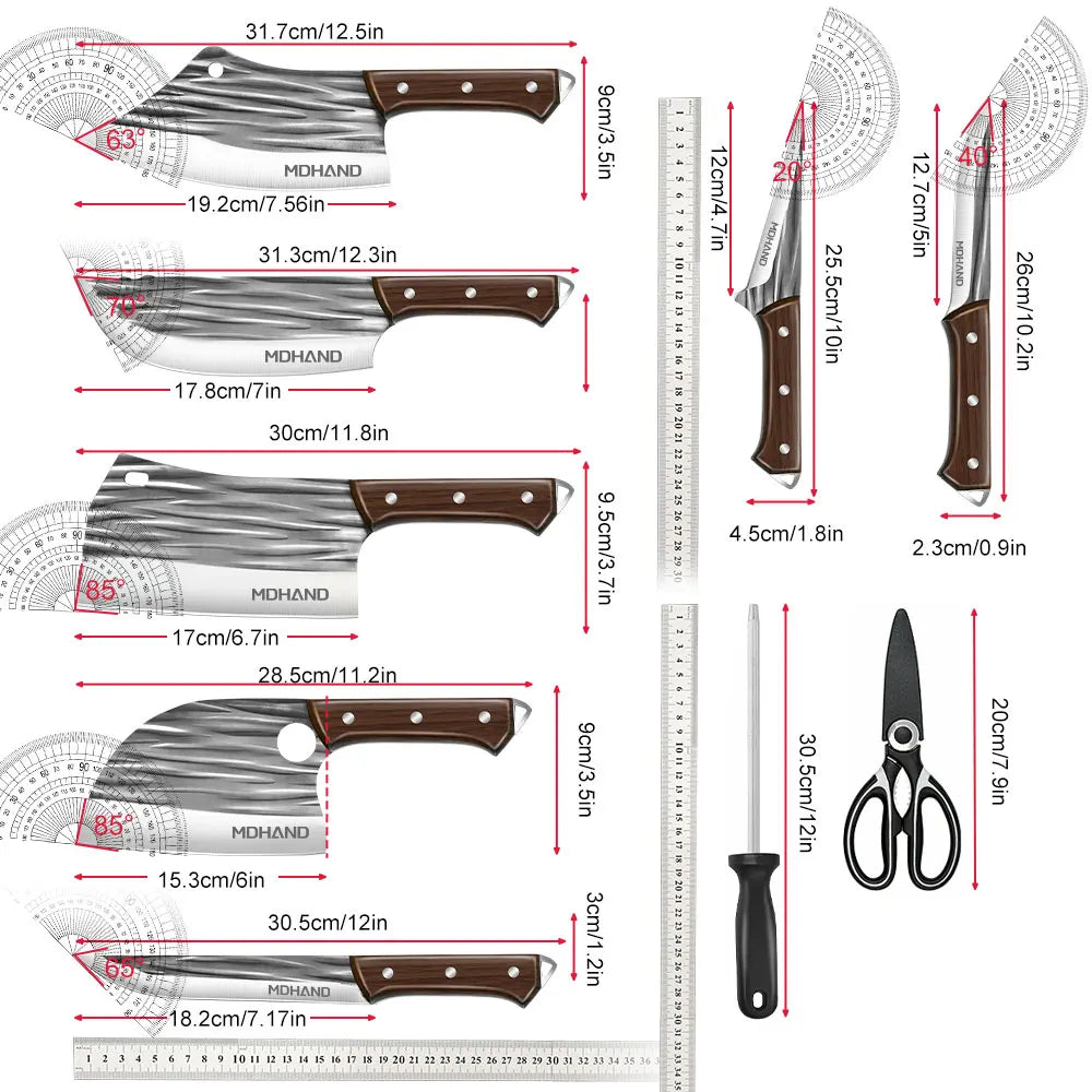 MDHAND 14 Piece Meat Cleaver Knife Set With Roll Bag