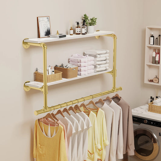 Industrial Pipe Clothing Rack Wall Mounted Wood Shelf Pipe Shelving