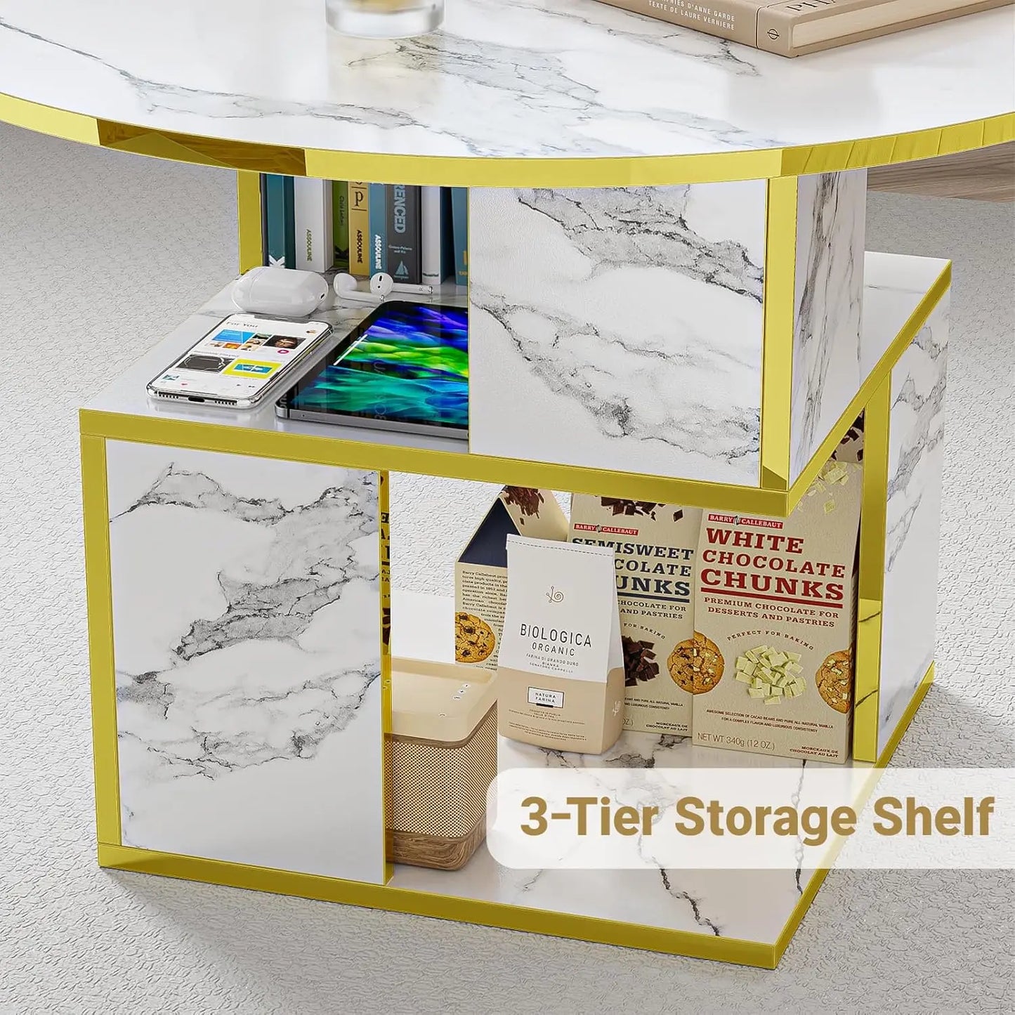 MERRONIX 3-Tier Round Coffee Table With Storage For Living Room