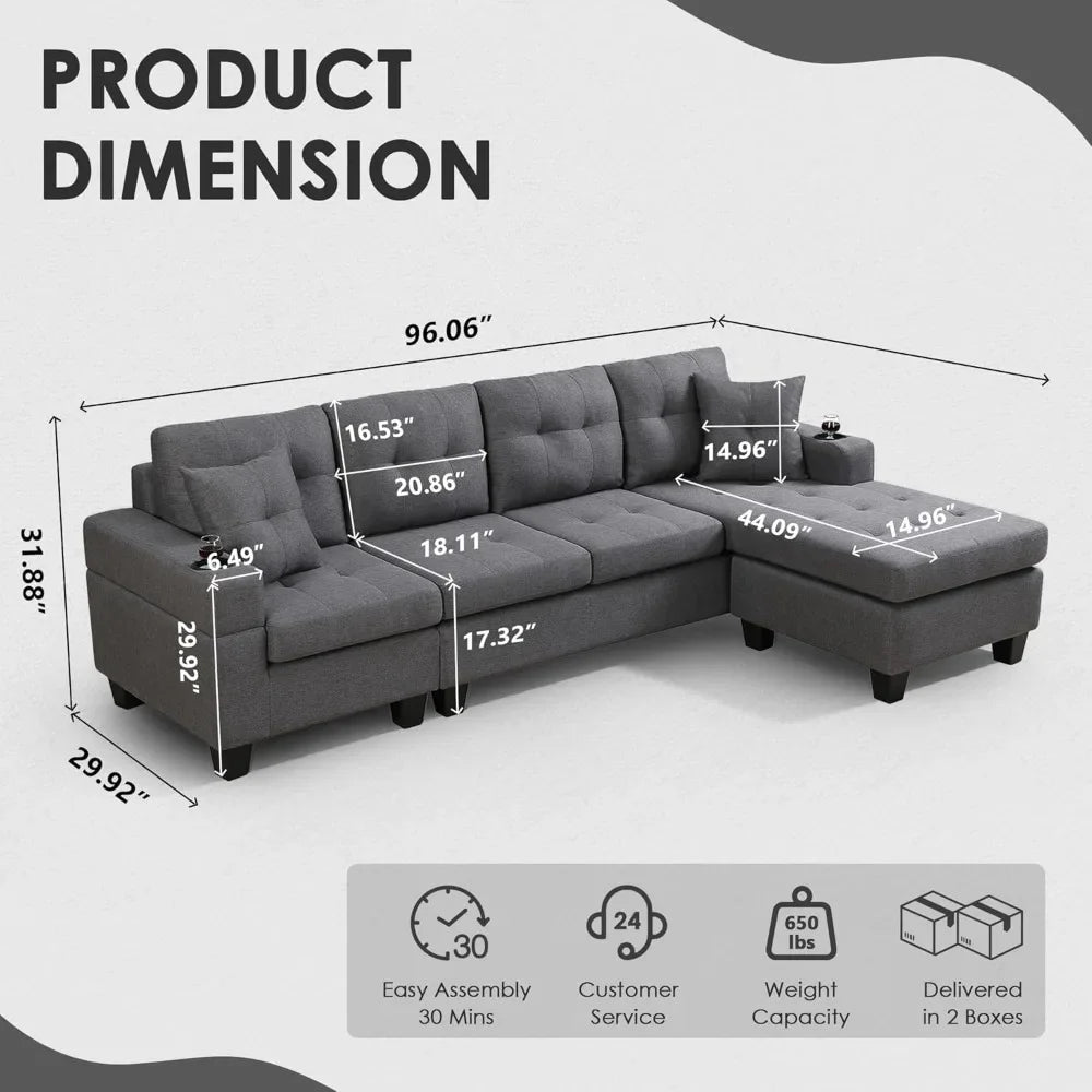 L Shaped Sectional Sofa Modern Living Room With Reversible Chaise