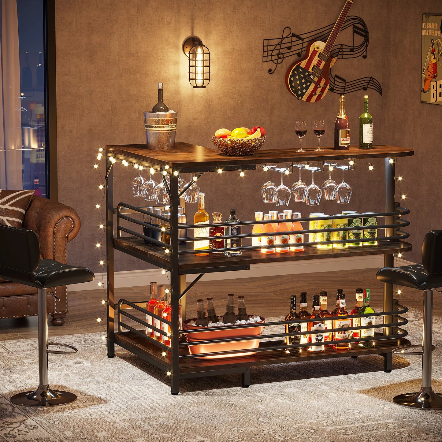 Tribesigns L-Shaped Home Bar Unit, 3 Tier Liquor Bar Table with Storage Shelves and Wine Glasses Holder