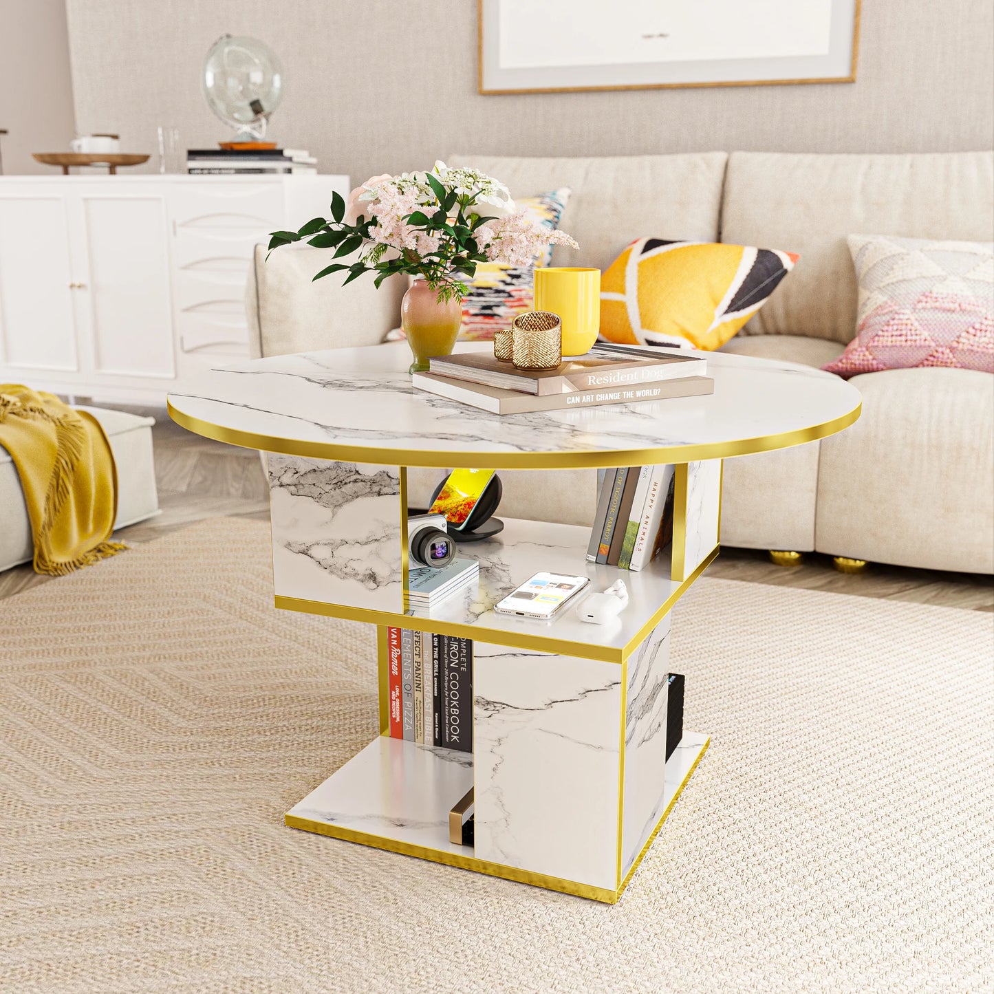 MERRONIX 3-Tier Round Coffee Table With Storage For Living Room