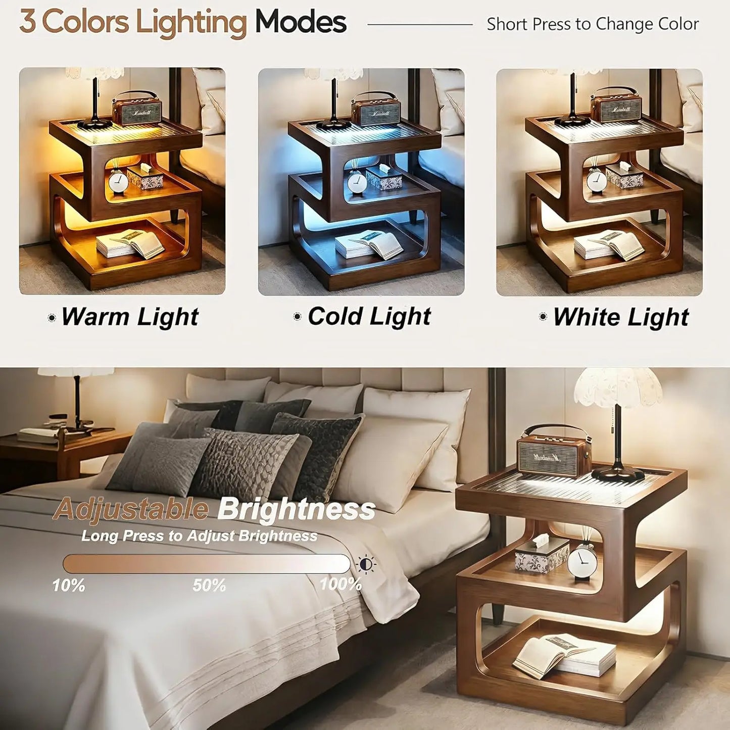 Solid Wood Nightstand with LED Light, Modern 3 Tier Bedside Table with Open Storage, Small Side Table for Bedroom, Customized