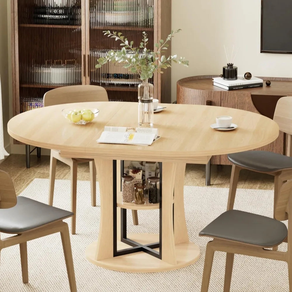 DAFIFY Extendable Round Dining Table For Four To Eight With Storage Shelf