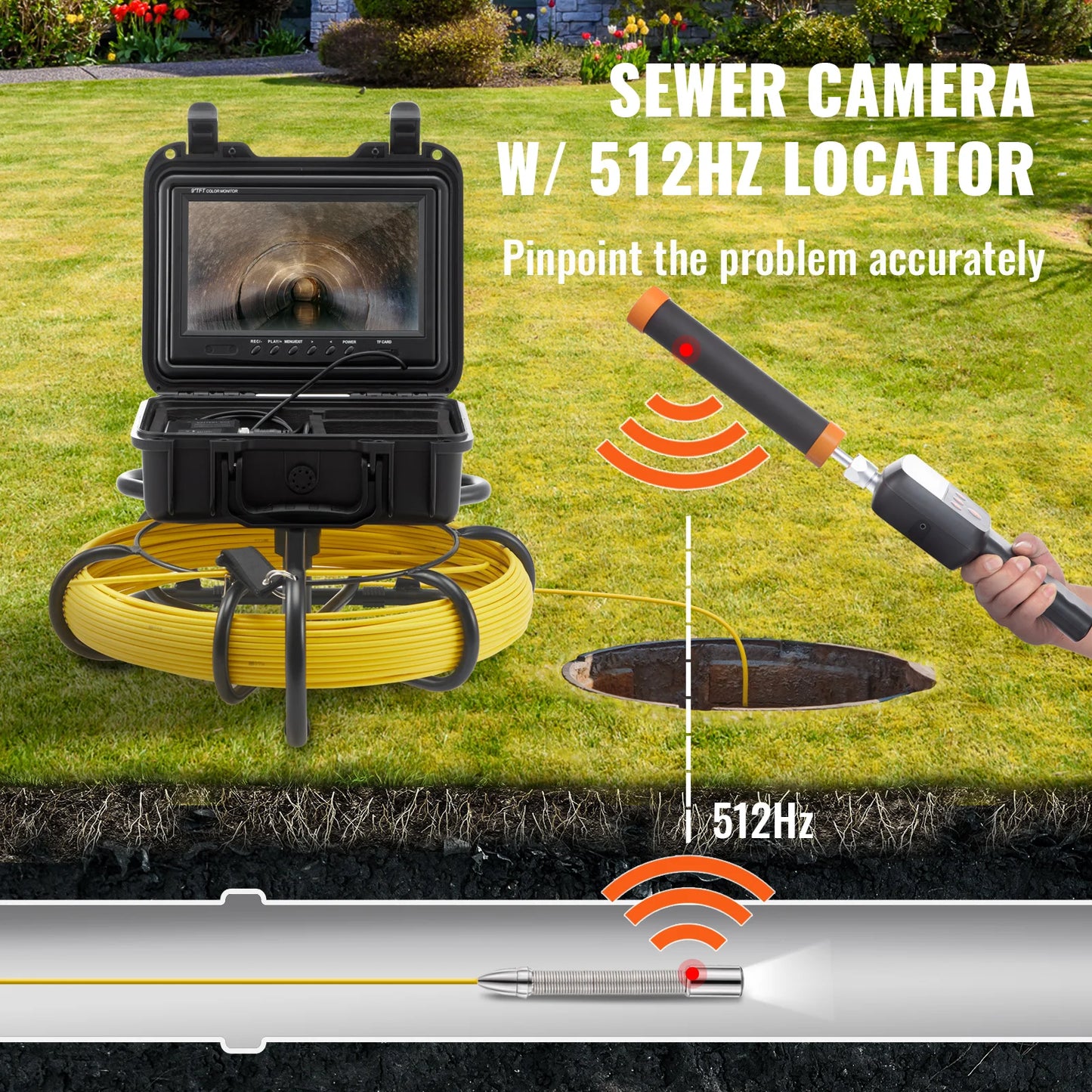 SucceBuy Sewer Camera with 512Hz Locator IP68 9" Pipeline Inspection Camera w/DVR Function w/12 Adjustable LEDs and 16 GBSDCard