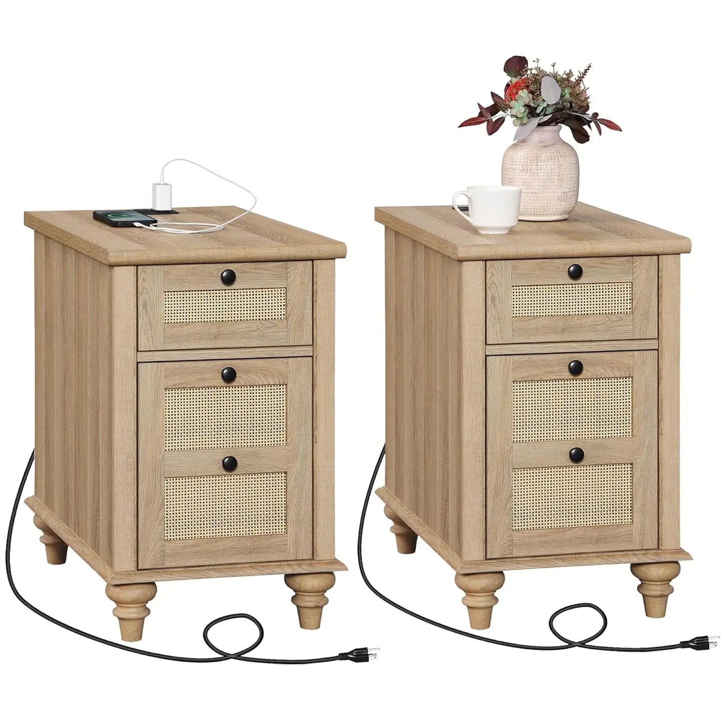 HUANZHUANG End Tables With Charging Station And Rattan Drawer Cabinet