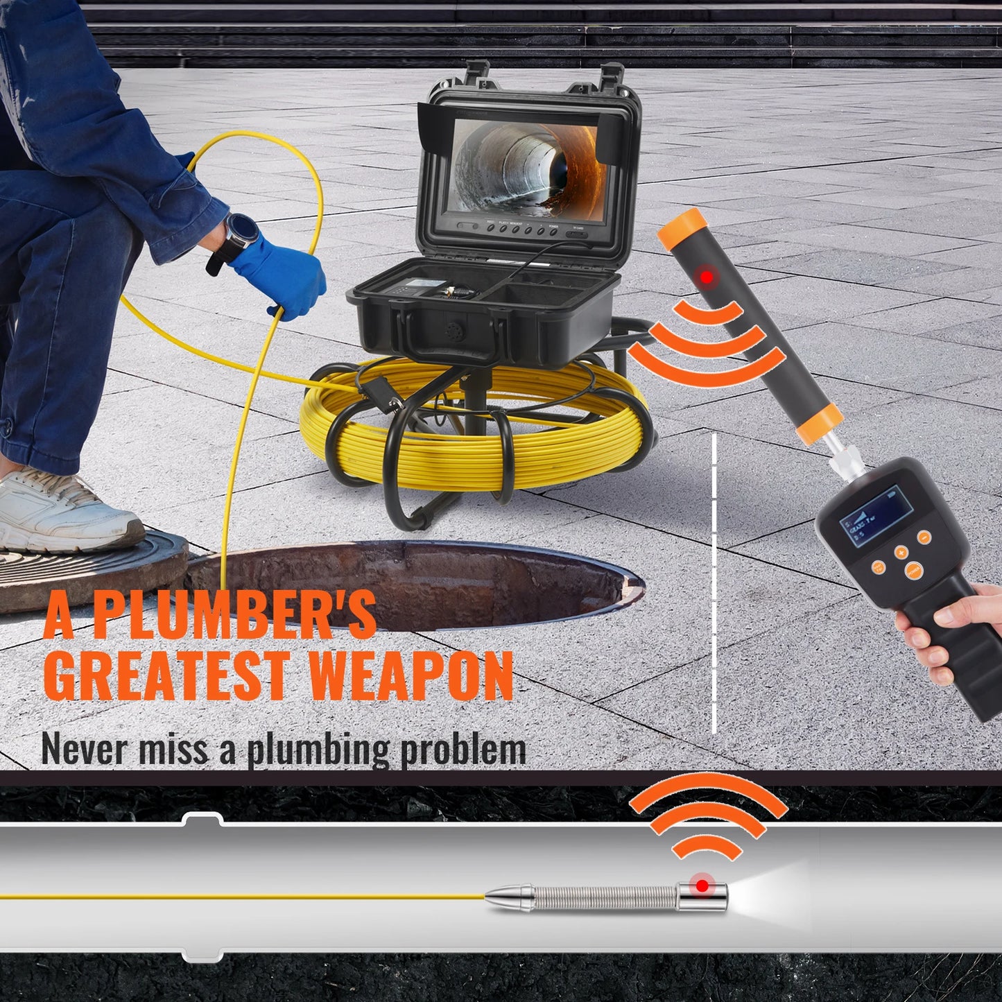 SucceBuy Sewer Camera with 512Hz Locator IP68 9" Pipeline Inspection Camera w/DVR Function w/12 Adjustable LEDs and 16 GBSDCard