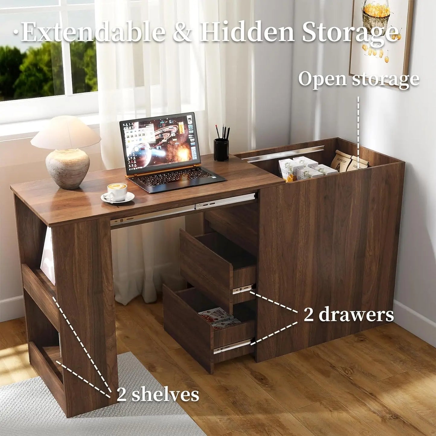 Extendable Counter Height Bar Table With Drawers And Shelves