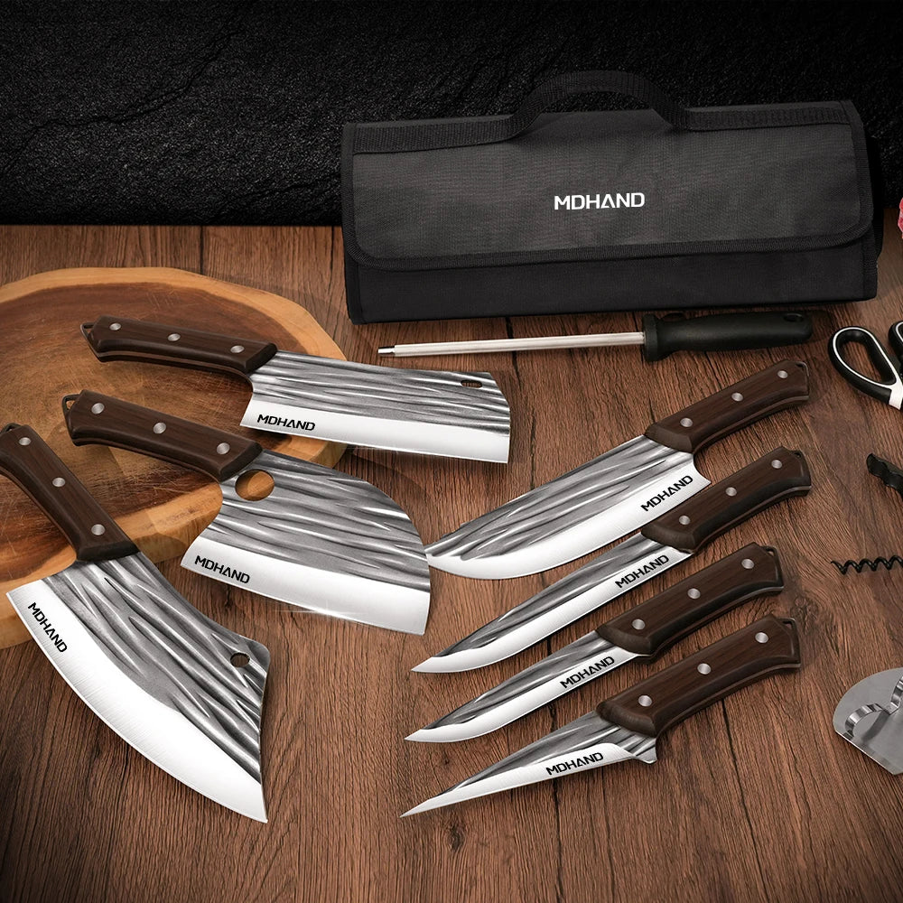 MDHAND 14 Piece Meat Cleaver Knife Set With Roll Bag