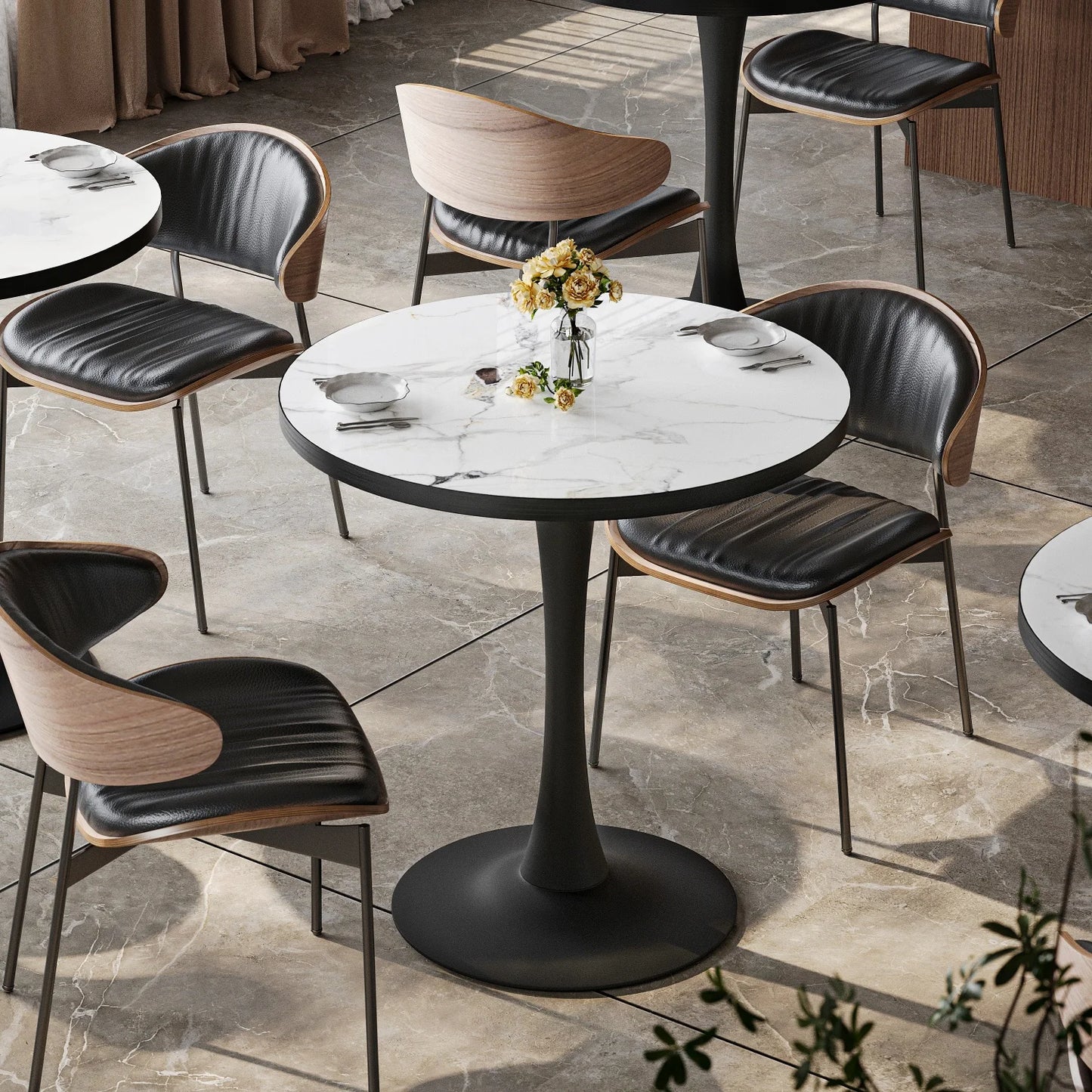Leisure Round Dining Table Dining Room Circle Dinner Pedestal Table Furniture Coffee Table for 2-3 People No Chairs Stone Top