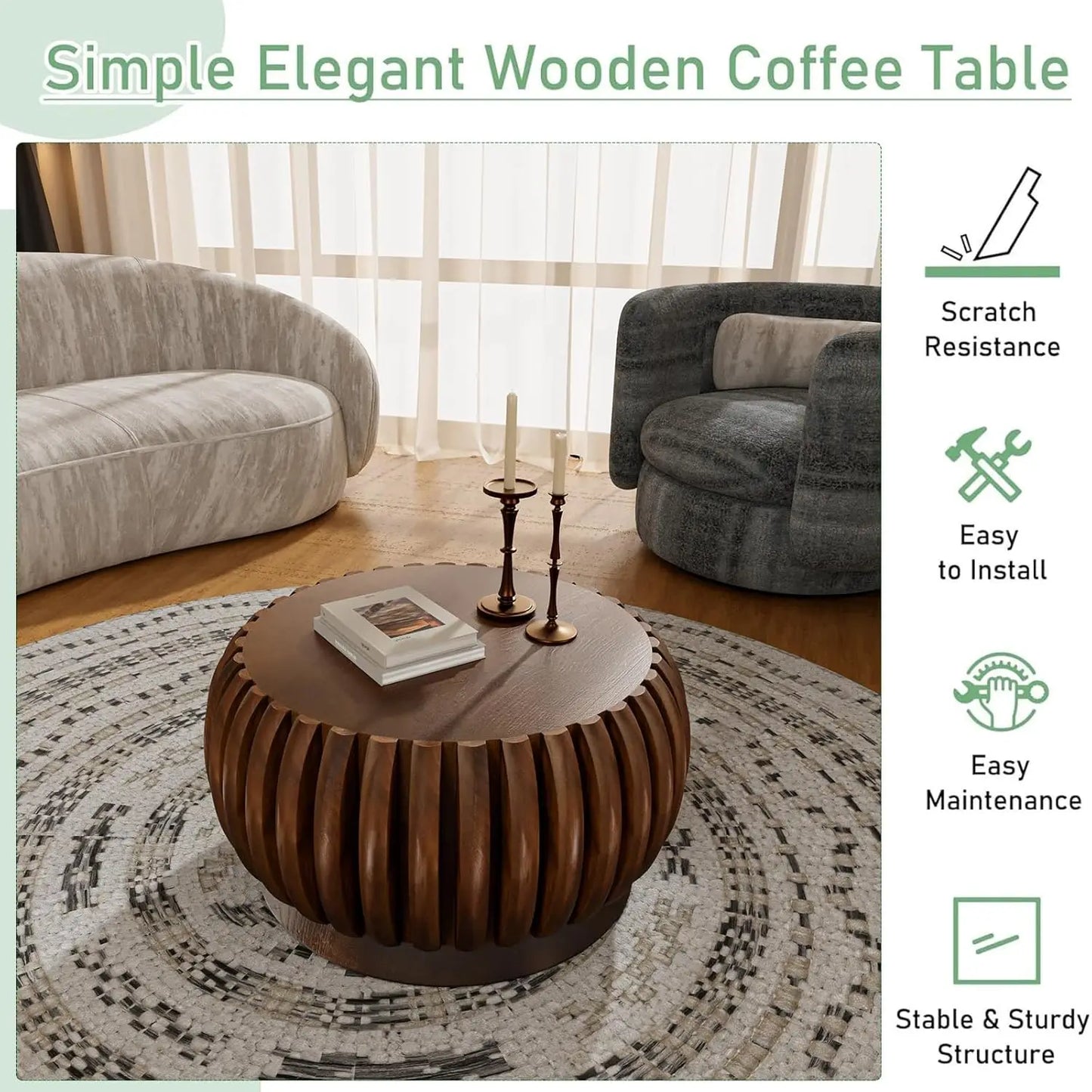ZHUXIANG Modern Minimalist Fluted Drum Coffee Table Living Room