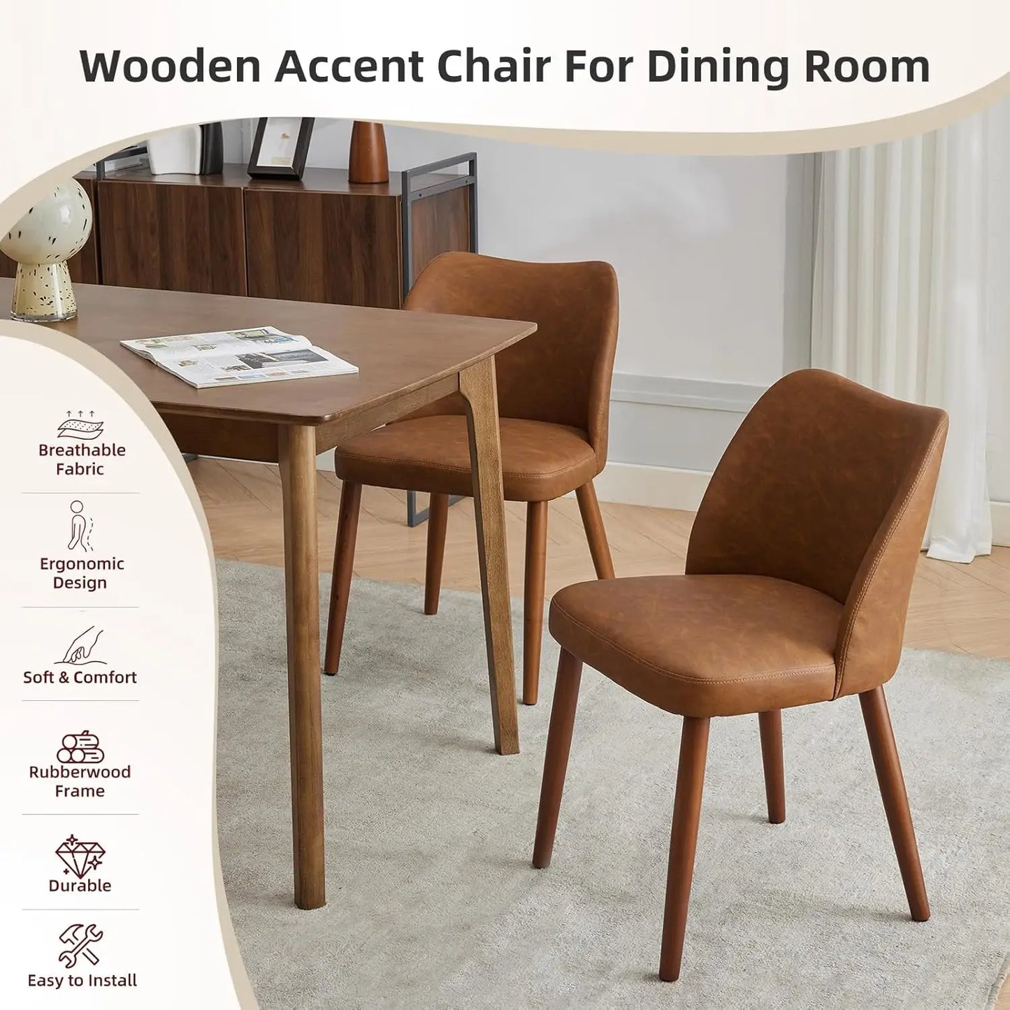 Dining Chair Set of 2, Leather Upholstered Dining Chair with Wood Legs, Wing Backrest, Wooden Kitchen Chair, Kitchen Chairs with