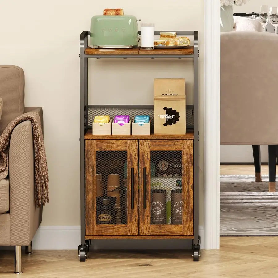 Farmhouse Compact Rolling Coffee Bar Cabinet With Storage And Two Doors