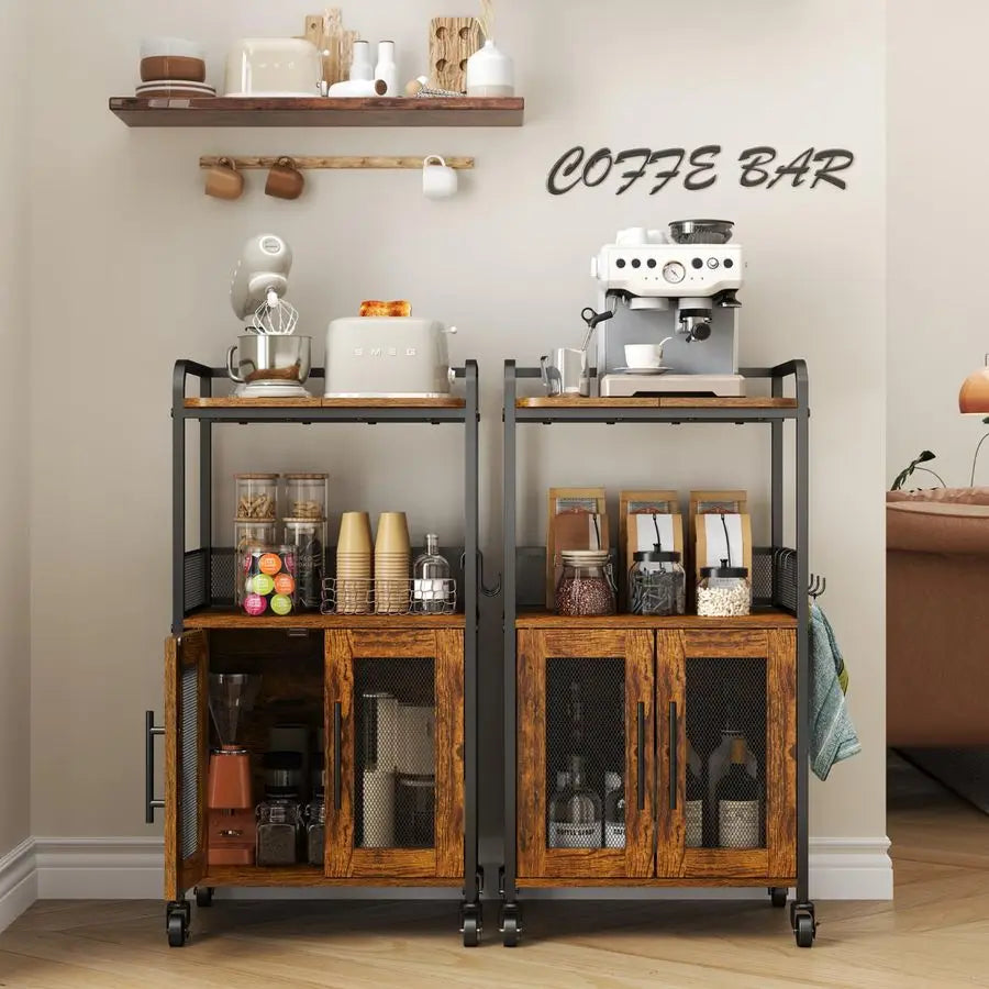 Farmhouse Compact Rolling Coffee Bar Cabinet With Storage And Two Doors