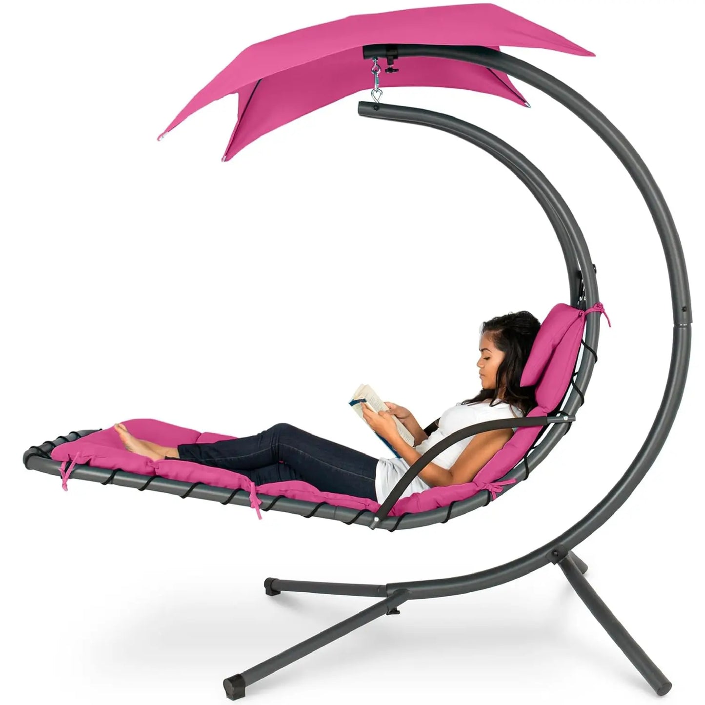 Outdoor Hanging Steel Chaise Lounge Chair With Canopy And Pillow