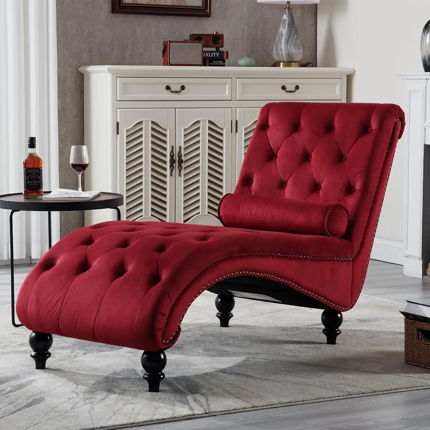 Velvet Upholstered Chaise Lounge Chair With Tufted Button Pillow