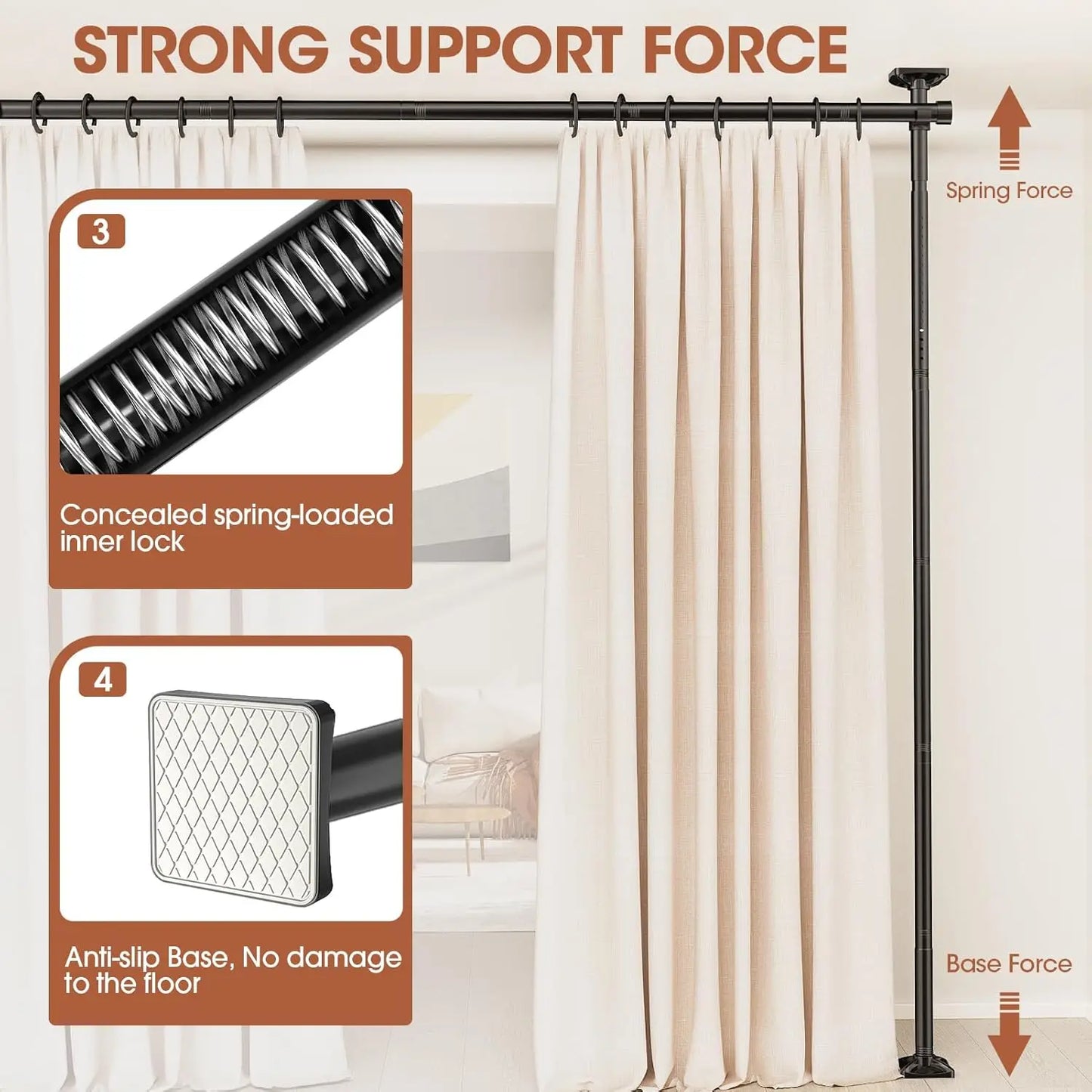 Adjustable No-Drill Room Divider Rod, 4-10ft Height, 28-70in Width, Heavy Duty for Space Partition