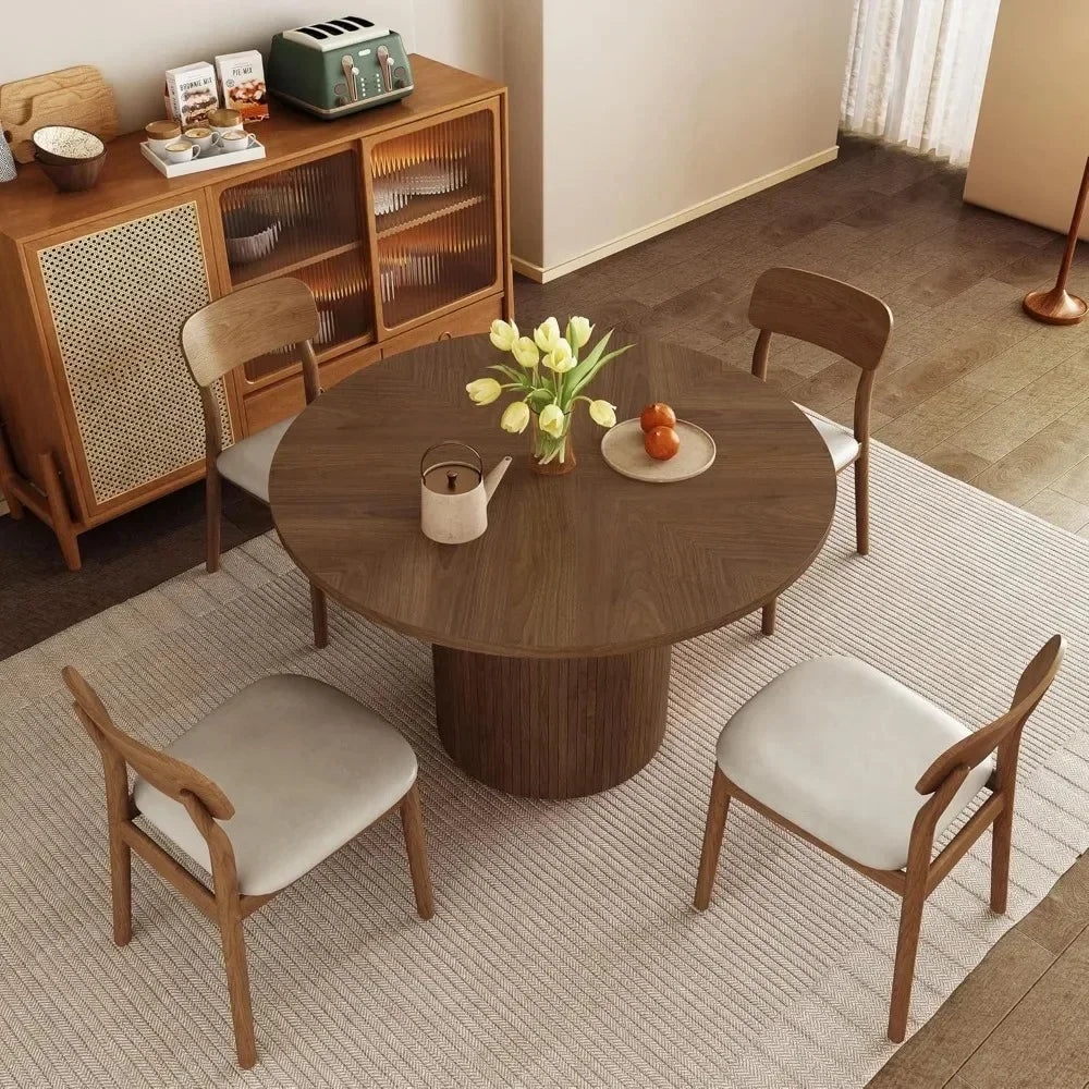 Modern Farmhouse Round Dining Table Wood Slat Base Seats Four