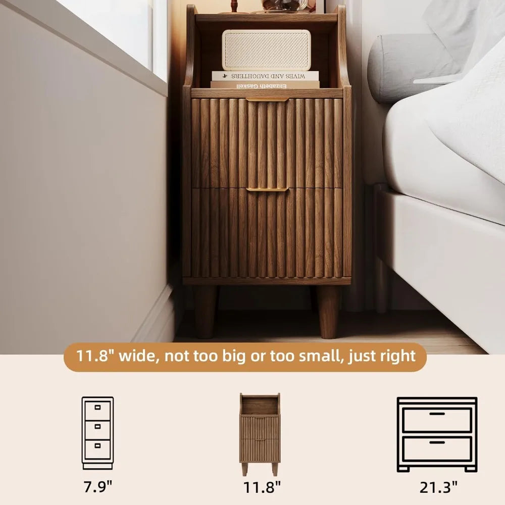 Narrow Nightstand Set of 2,11.8" Fluted Bedside Table Set of 2, Slim Side End Table with 2 Drawers, Wooden Bedside, Customized