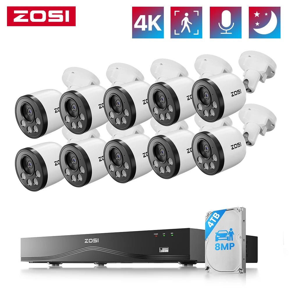 ZOSI 16CH 4K NVR Security System With 8MP PoE Cameras Outdoor Indoor